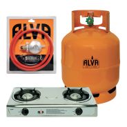 Alva 5kg Gas Cylinder + Alva 2burner Stainless Steel Gas Stove + ALVA Bullnose Hose & Reg Blister Pack