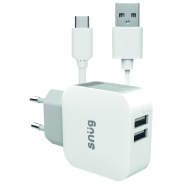 Snug 2 Port 3.4A Charger + Type C Cable - White